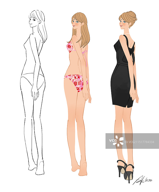 女子身穿泳衣和连衣裙回头看图片素材