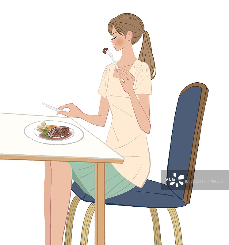 女人在餐厅吃汉堡牛排图片素材
