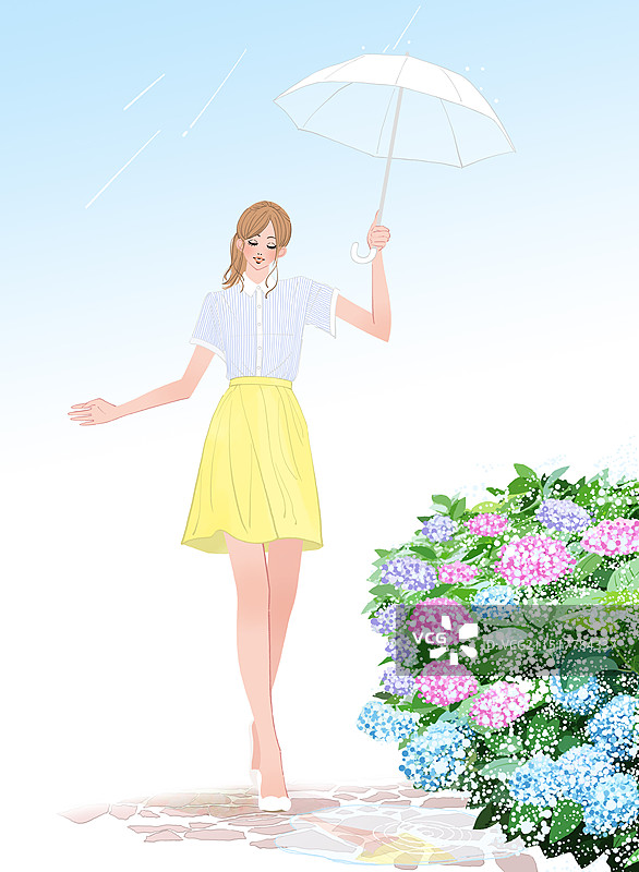 雨季，女孩打着伞走在绣球花旁图片素材