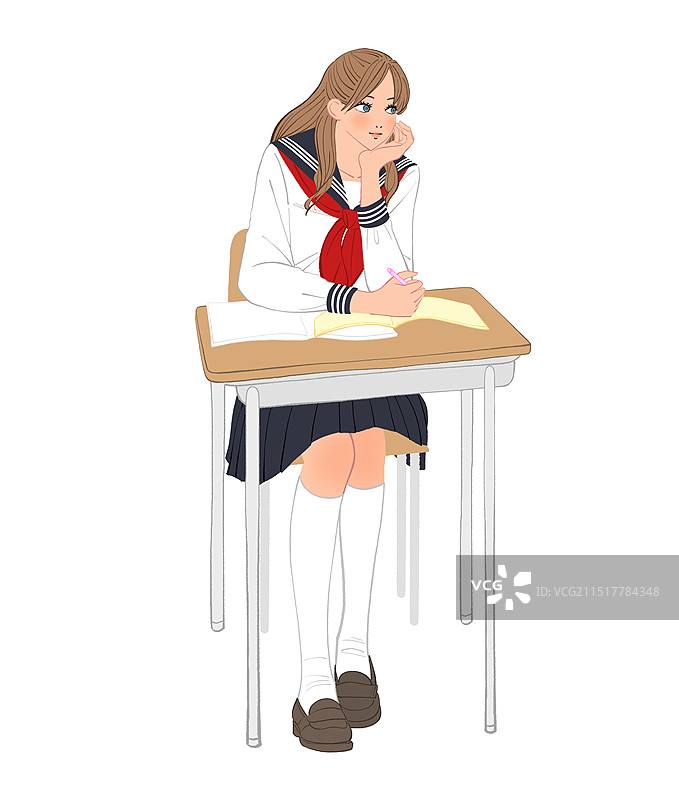 穿着制服的高中女生坐在教室的课桌旁，手托着下巴图片素材