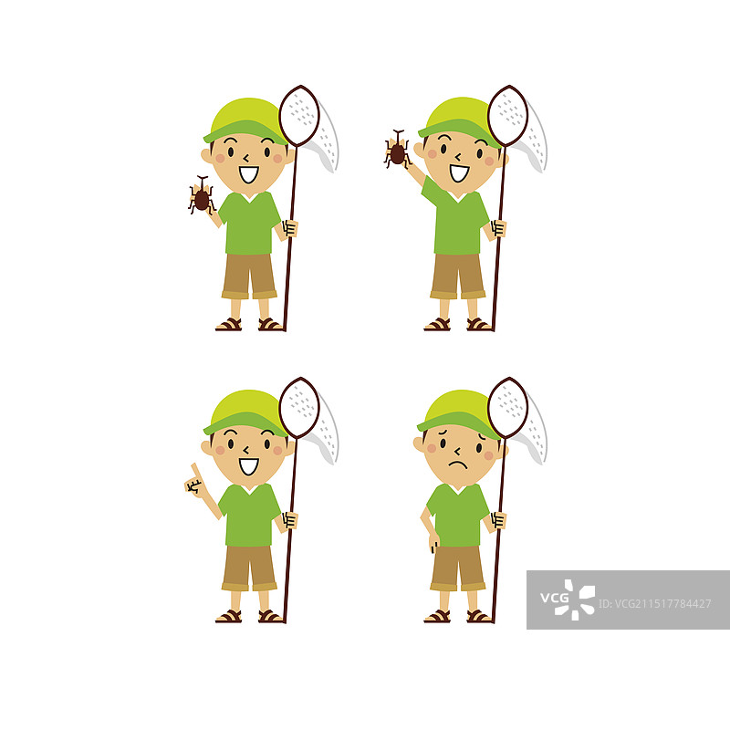 拿着捕蝶网的男孩（微笑，指向某物，面露难色）图片素材