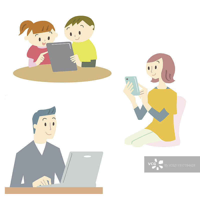 一家人使用电脑、智能手机和平板电脑图片素材