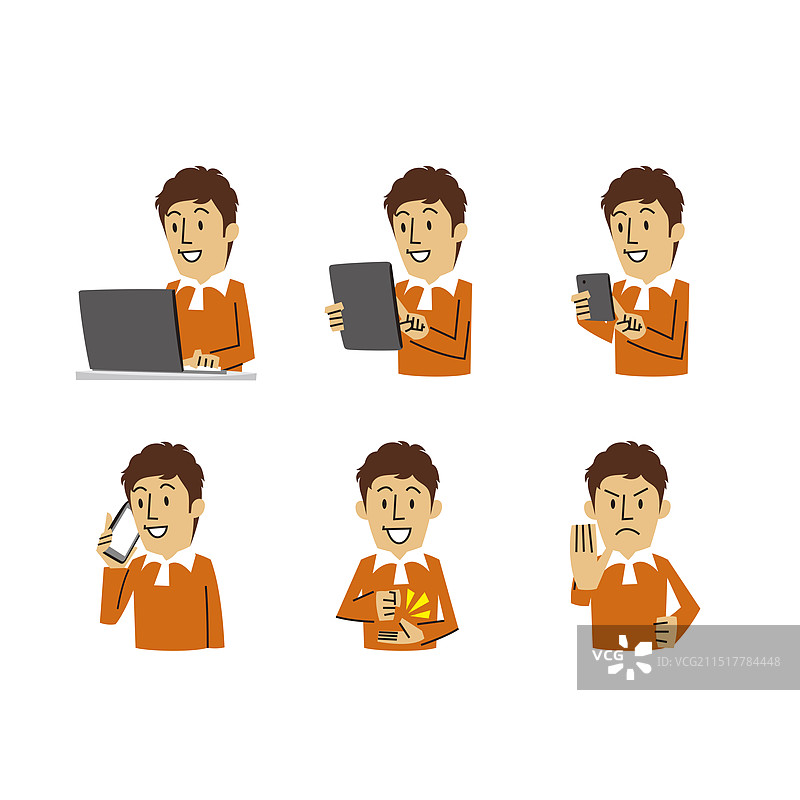 使用电脑、平板和智能手机的男人的面部表情：支持与拒绝图片素材