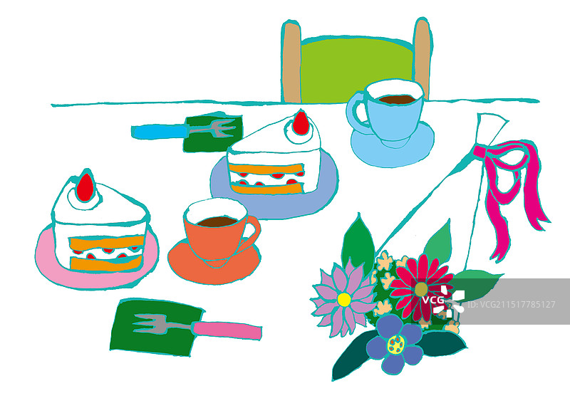 蛋糕、茶和花束图片素材