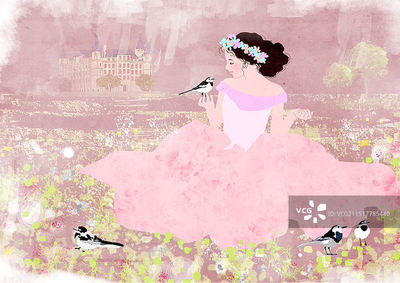 在田野里与鸟儿玩耍的女孩图片素材