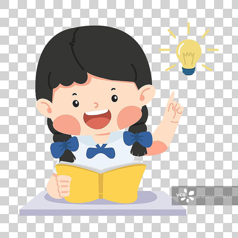 女学生在灯泡旁读书图片素材