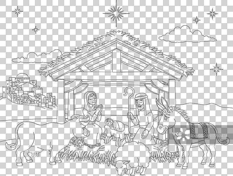 圣诞节卡通耶稣诞生场景着色图片素材