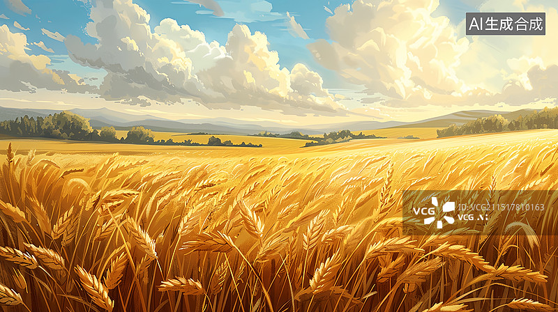 【AI数字艺术】秋天芒种节气小麦收获插画图片素材