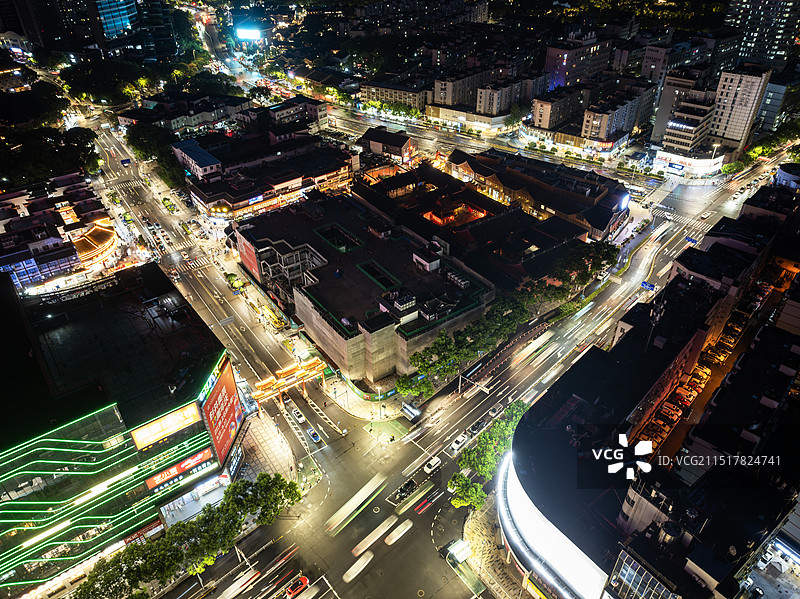 宁波海曙城区航拍  月湖城隍庙夜景图片素材