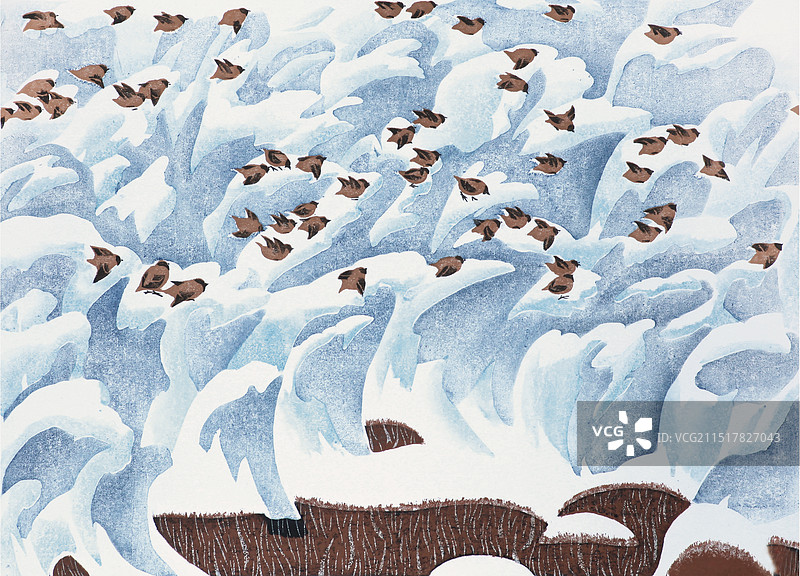套色版画《雀鸣雪谷》图片素材