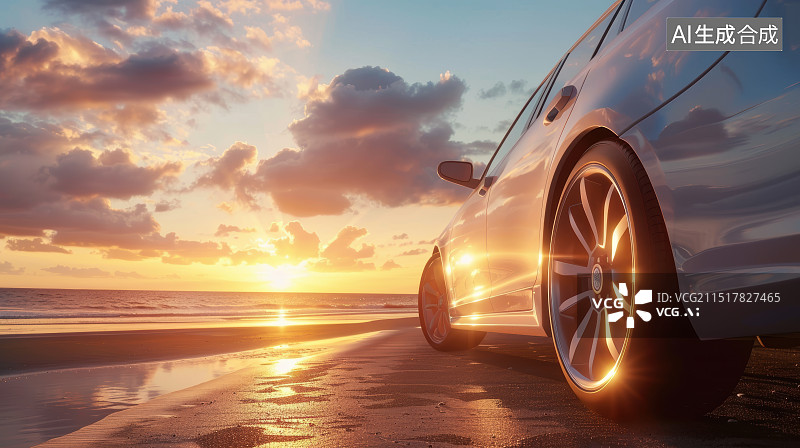 【AI数字艺术】日落时在海滩上的汽车特写镜头图片素材