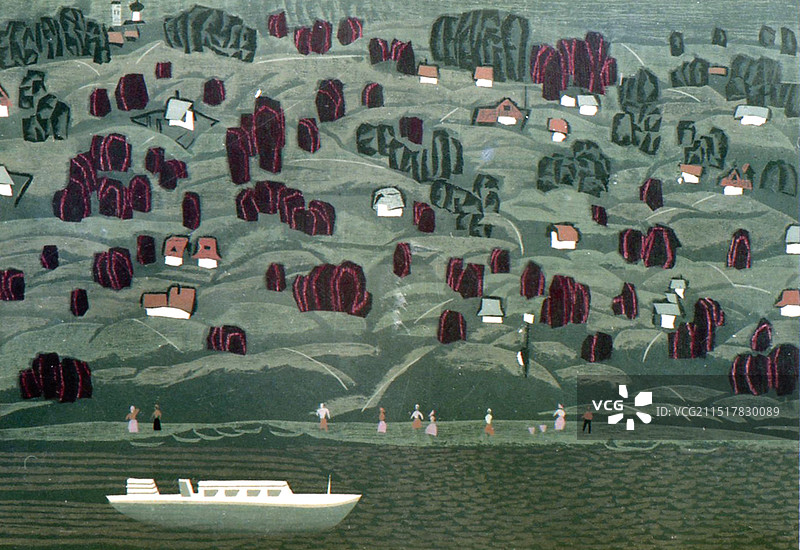 套色版画《乌苏里江畔》图片素材