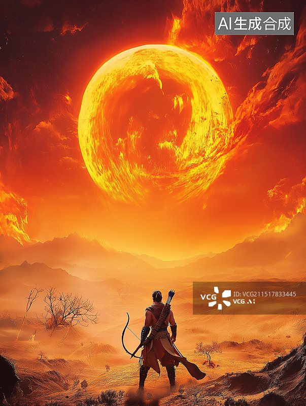 【AI数字艺术】海报中心后羿拉弓射日，天空十日并出，大地焦土，神兽相伴，色彩对比强烈，尽显神话的宏大与壮烈图片素材