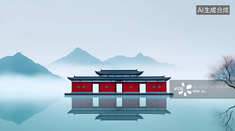 【AI数字艺术】蓝色水面上的亭子古建筑风景图片素材