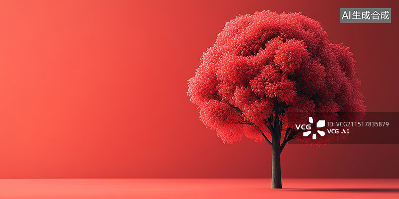 【AI数字艺术】极简3D红色抽象背景下的一棵树夏季旅游和假日广告图片素材