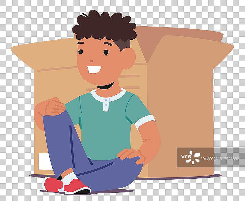 有卷发，坐着的快乐卡通男孩图片素材