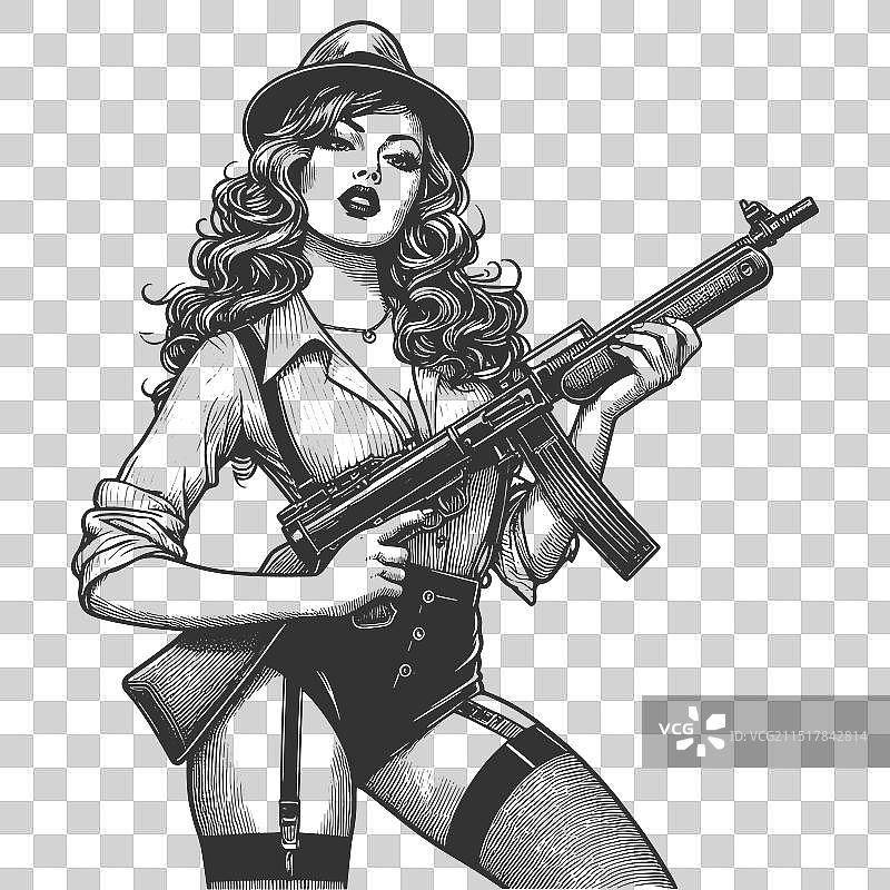 持枪蛇蝎美人雕刻素描图片素材