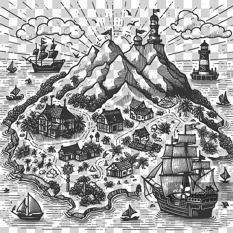 带有帆船的海盗藏宝图图片素材