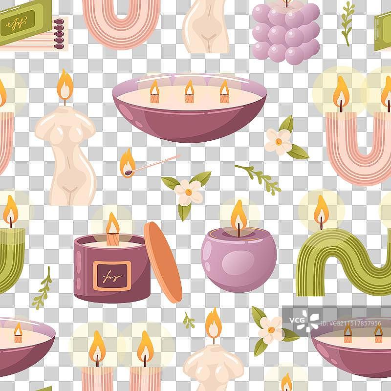 芳香燃烧的香薰蜡烛无缝图案图片素材