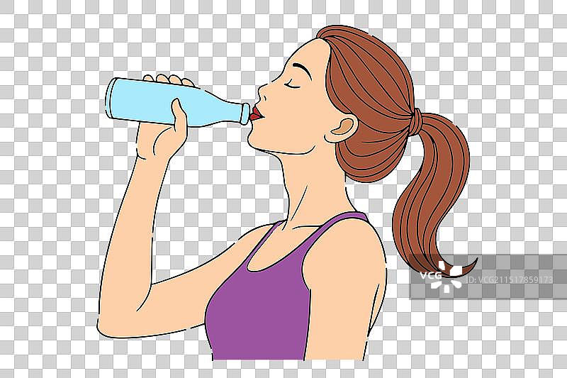 喝水的女人与扁平风格的水瓶图片素材