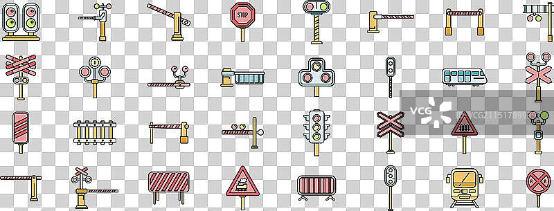 彩色铁路线路交叉口图标集图片素材