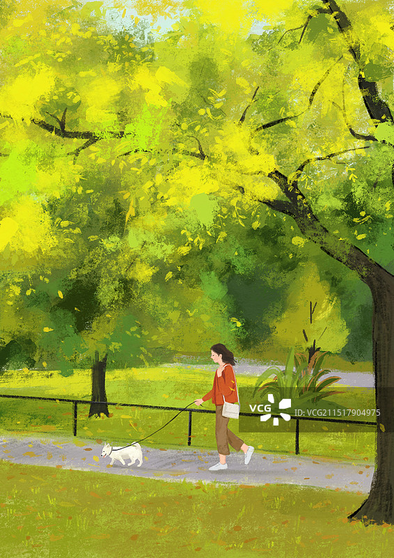 女生牵狗遛狗散步公园绿色风景插画图片素材