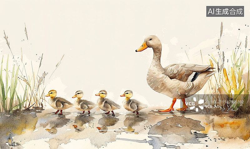 【AI数字艺术】母鸭领着小鸭子水彩插画图片素材