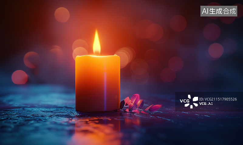 【AI数字艺术】夜晚一支燃烧的蜡烛图片素材