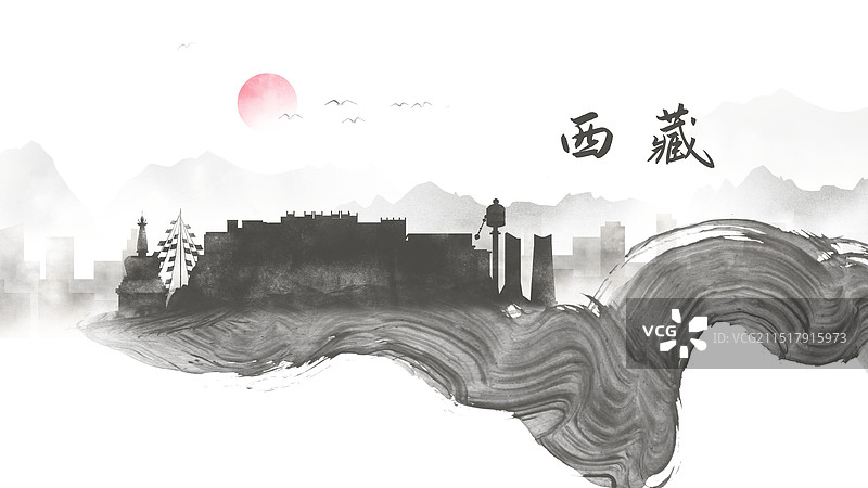 西藏中国风水墨城市毛笔洒脱诗意水彩画建筑剪影图片素材