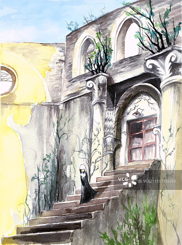手绘水彩，夕阳下的老教堂图片素材