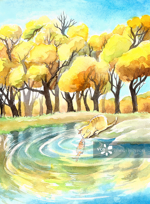 水彩插画，秋天的丛林，小猫和鱼图片素材