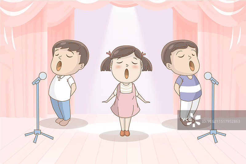 两个小男孩和一个小女孩在舞台唱歌图片素材