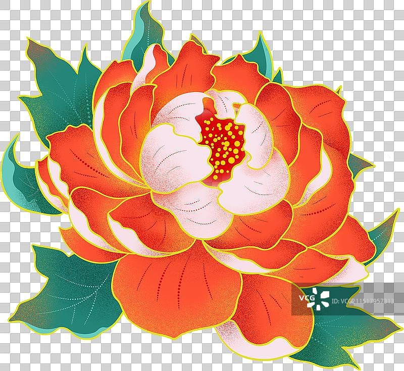 中国国风中国红牡丹花绿叶描金风格国庆节素材图片素材