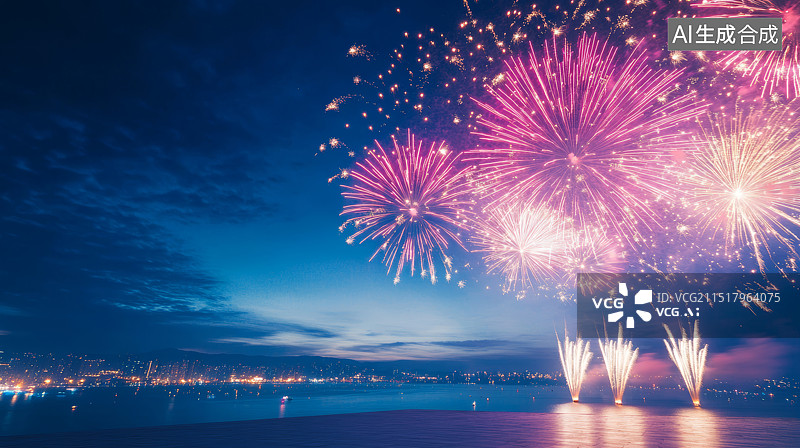 【AI数字艺术】海边城市天际线夜景与天空中的烟花表演节日背景图片素材