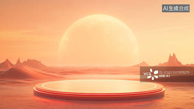 【AI数字艺术】沙漠戈壁滩地形与发光科技平台产品展台背景图片素材
