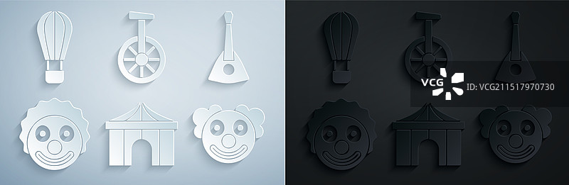 马戏团帐篷、巴拉莱卡琴、小丑头、单轮车等组合图片素材