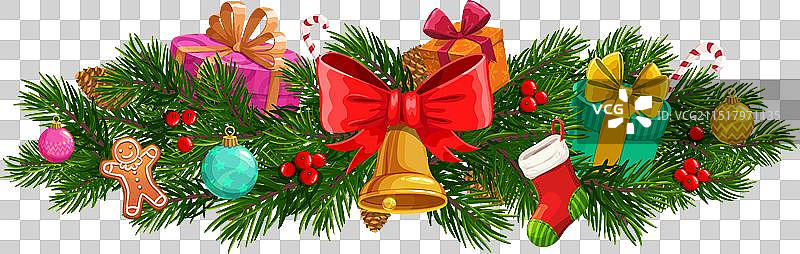 带铃铛的圣诞冷杉松树或云杉树枝图片素材