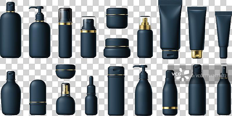 逼真的黑色化妆品瓶和软管套装图片素材