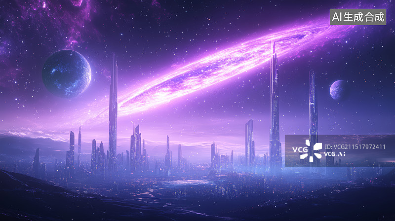 【AI数字艺术】紫色未来外星球城市科幻插画背景图片素材