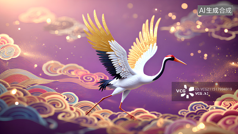 【AI数字艺术】3D渲染，国潮风插画，梦幻唯美发着光的鹤，仙鹤，神兽，祥瑞吉祥，紫色梦境，古风背景图，壁纸图片素材