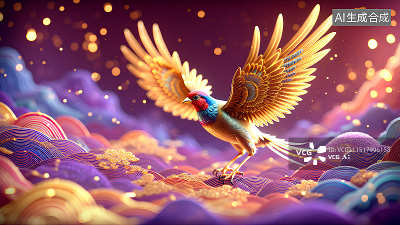 【AI数字艺术】3D渲染，国潮风插画，梦幻唯美发着光的飞鸟，玄鸟，凤凰，神鸟，紫色梦境，古风背景图，壁纸图片素材