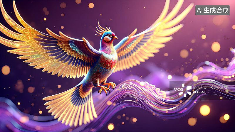 【AI数字艺术】3D渲染，国潮风插画，梦幻唯美发着光的飞鸟，玄鸟，凤凰，神鸟，紫色梦境，古风背景图，壁纸图片素材
