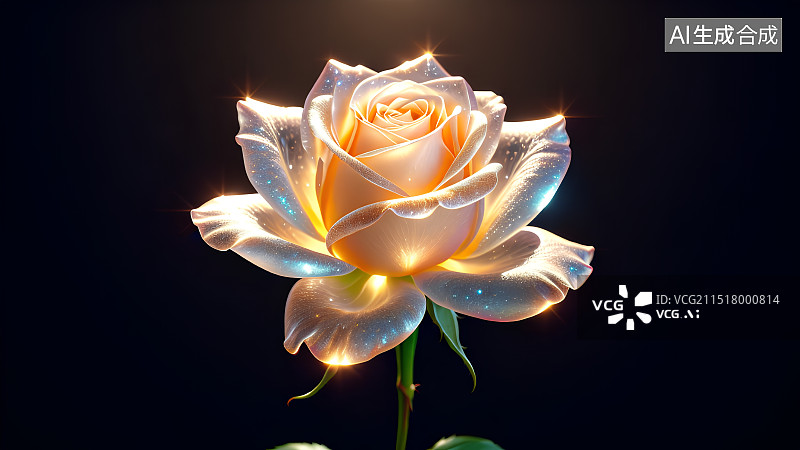 【AI数字艺术】3D水晶玻璃质感玫瑰花，玫瑰，蔷薇，透明发光花朵特写，透明发光花卉，植物特写，花卉植物背景图，壁纸图片素材