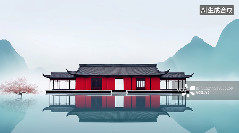 【AI数字艺术】蓝色水面上的亭子古建筑风景图片素材