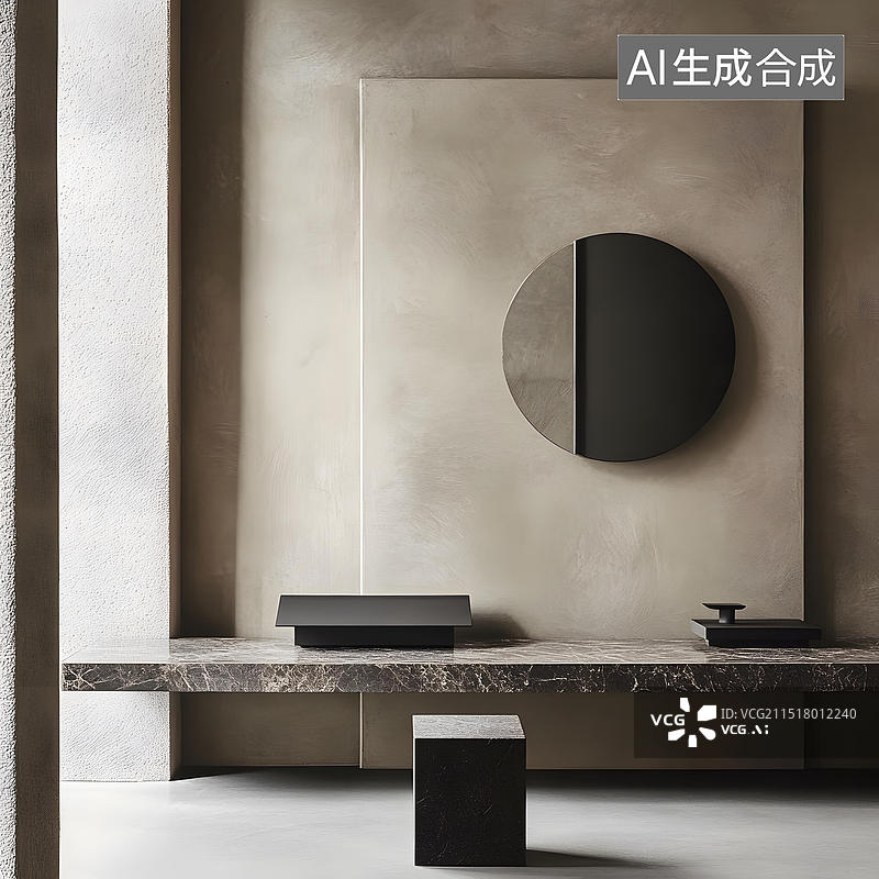 【AI数字艺术】极简风格室内设计，圆形镜子和石材桌面图片素材