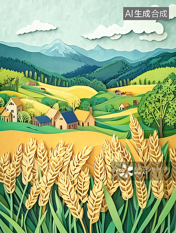 【AI数字艺术】3D剪纸风格的水稻丰收插图，麦田和小村庄背景图片素材