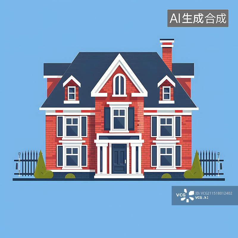 【AI数字艺术】带蓝色屋顶和白色装饰的红砖两层楼房图片素材