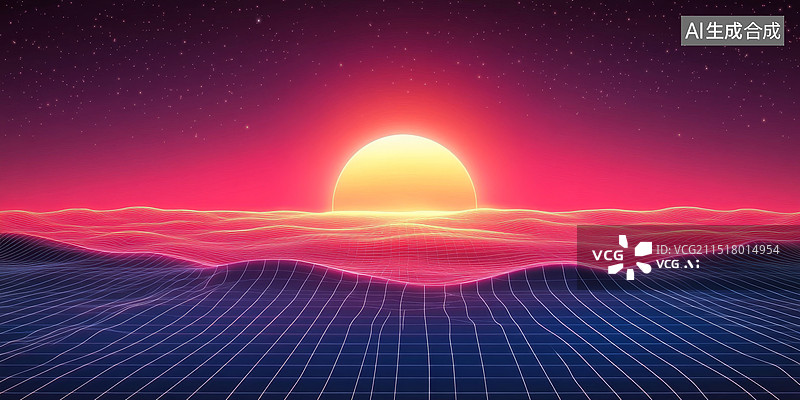 【AI数字艺术】复古未来主义80年代合成波日落：蒸汽波赛博朋克霓虹景观创意汽车广告营销背景图片素材
