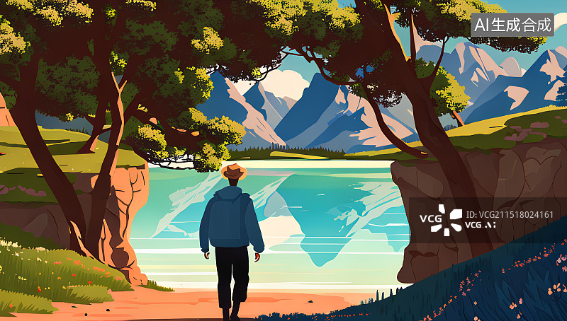 【AI数字艺术】扁平风格插画，一个旅行者的背影，走向湖光山色，旅游，旅行，旅途，风景图片素材