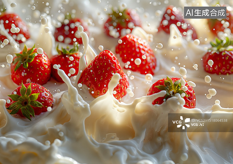 【AI数字艺术】新鲜的草莓在牛奶中图片素材